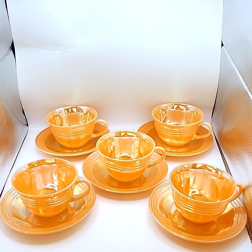 Vintage 1950s Fire King Peach Lustre Ware 3 Ring Cups and Saucers 5 Count